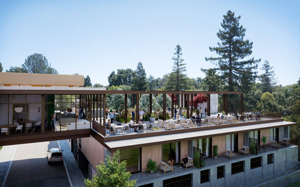 Residents socializing on The Nova rooftop terrace at sunset, a highlight of active adult living and downsizing in Danville