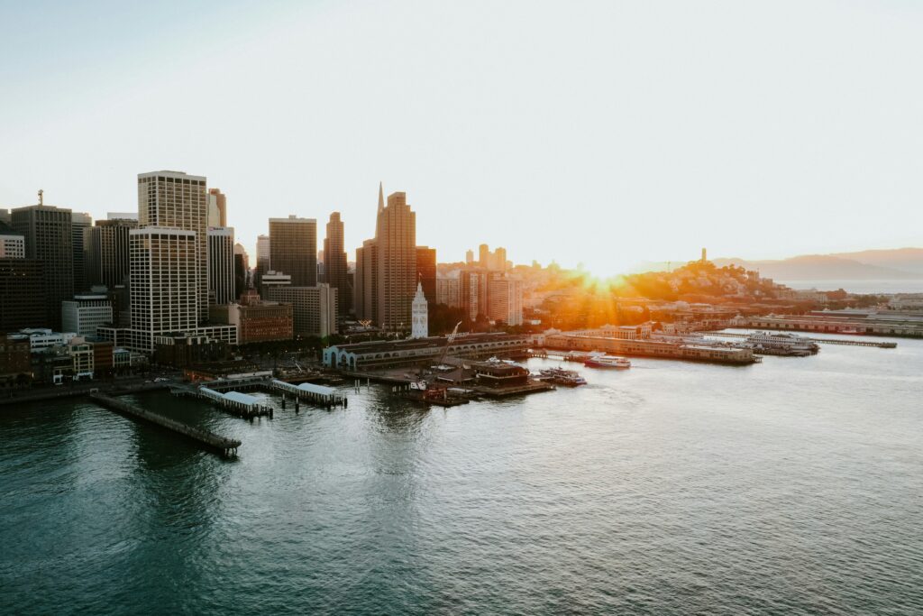San Francisco skyline at golden hour, an easy day trip for residents who downsize to active adult living at The Nova